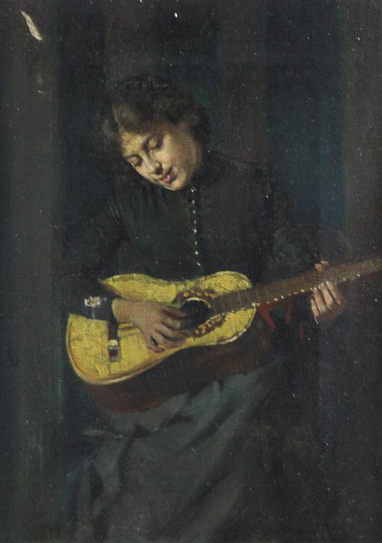 19th C. Spanish School Portraits of a woman playing a guitar and a young lady reading, 10 x 7.75in.